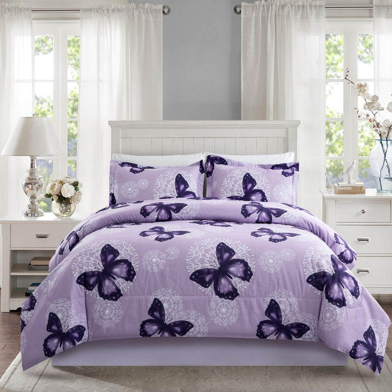 ARTALL Lightweight Microfiber 3 Piece Comforter Set with 2 Shams, Butterfly Pattern Bedding Set, Full/Queen, Purple - Image 1